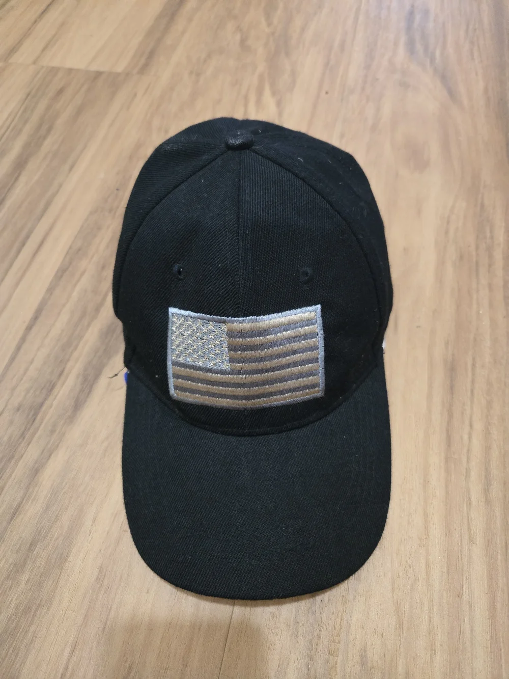 4/$15 Black Baseball Cap with Tan Flag Patch Americana Cabin Vibe